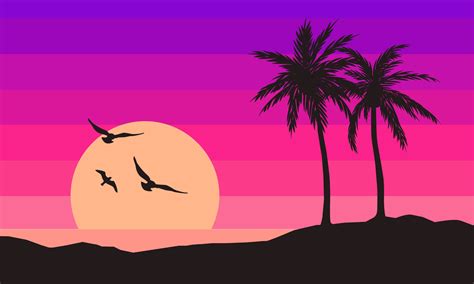 Retrowave Synthwave Or Vaporwave Beach In 80s Landscape With Sun And