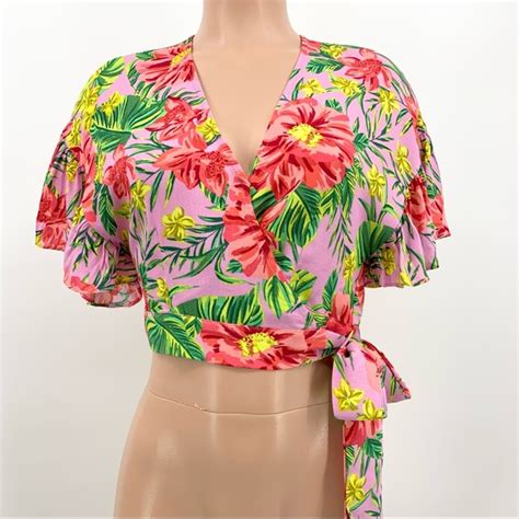 Lost Wander Tops Lost Wander Pink Floral Wrap Cropped Top Poshmark