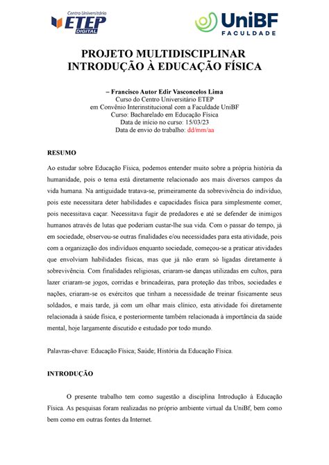 Modelo De Projeto Multidisciplinar PROJETO MULTIDISCIPLINAR