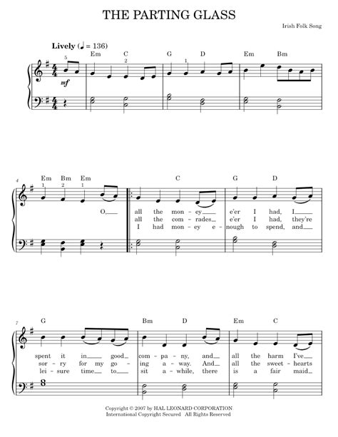 Play Official Version Of The Parting Glass Sheet Music By Traditional Irish Folk Song For Piano