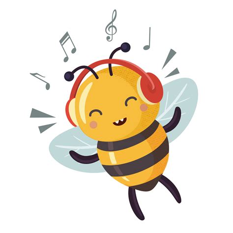 Funny bee music lover enjoys music. Cartoon bee cute character in flat style. Vector ...