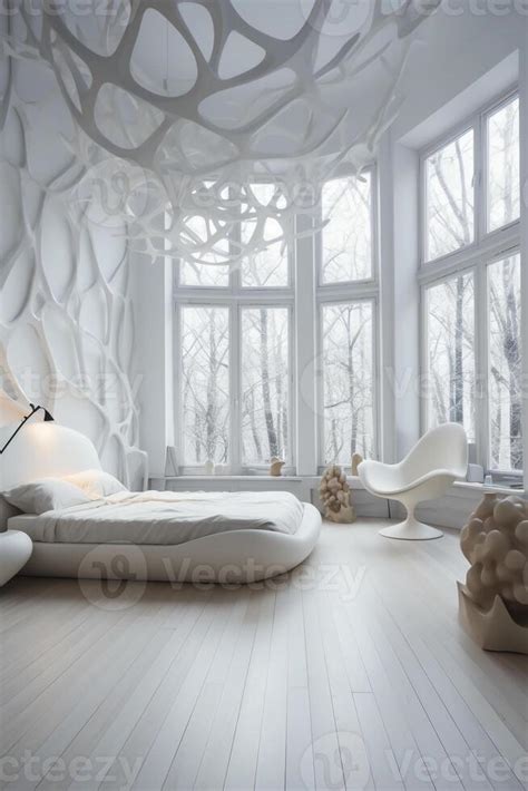 Aesthetic sculptural minimal white modern bedroom with light wood ...