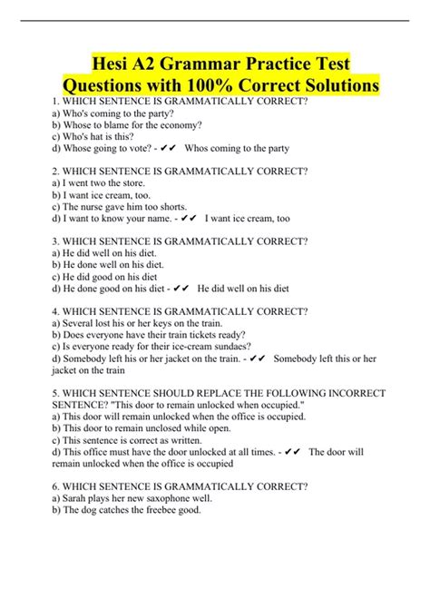 Hesi A2 Grammar Practice Test Questions with 100% Correct Solutions
