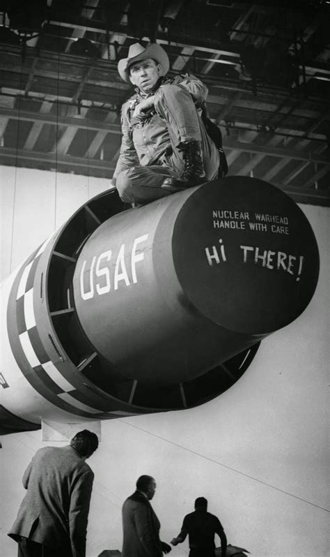 Actor Slim Pickens gets on top of the atomic bomb on set of 'Dr. Strangelove or: How I Learned ...