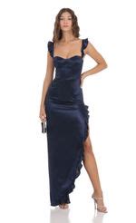 Satin Ruffle Maxi Dress In Navy Lucy In The Sky