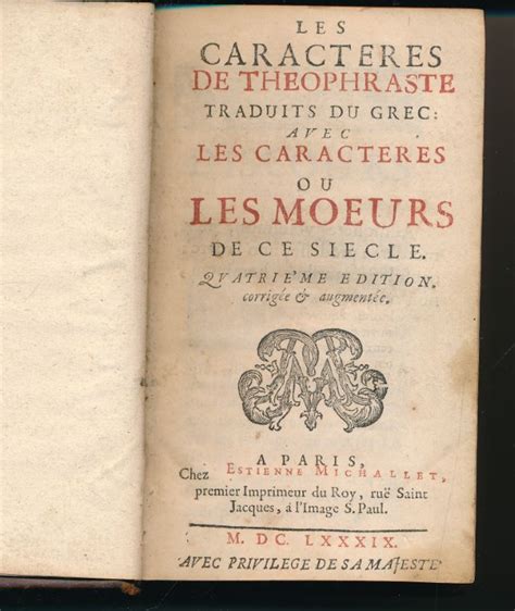 Les Caract Res De Th Ophraste Traduits Du Grec Avec Les Caract Res Ou