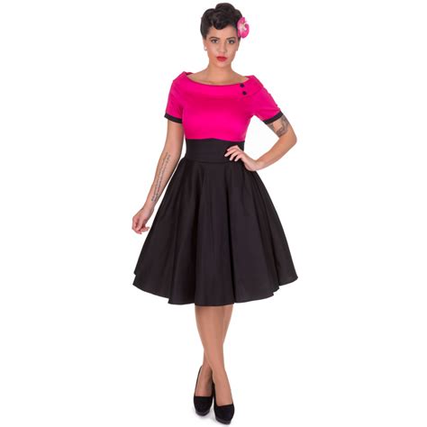 Darlene Retro Full Circle Swing Dress In Hot Pink Black By Dolly And