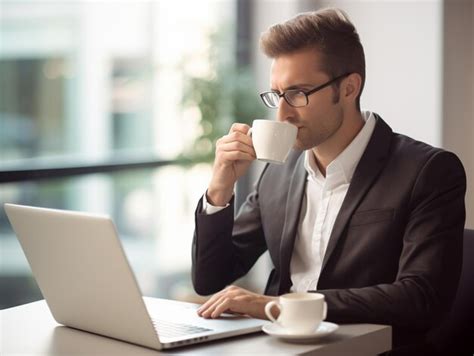 Premium Photo Photo A Young Handsome Business Man Wearing Suit With Laptop And Taking Tea In