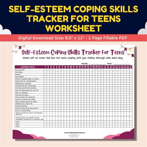 Self Esteem Coping Skills Tracker For Teens Fillable Worksheet Mental