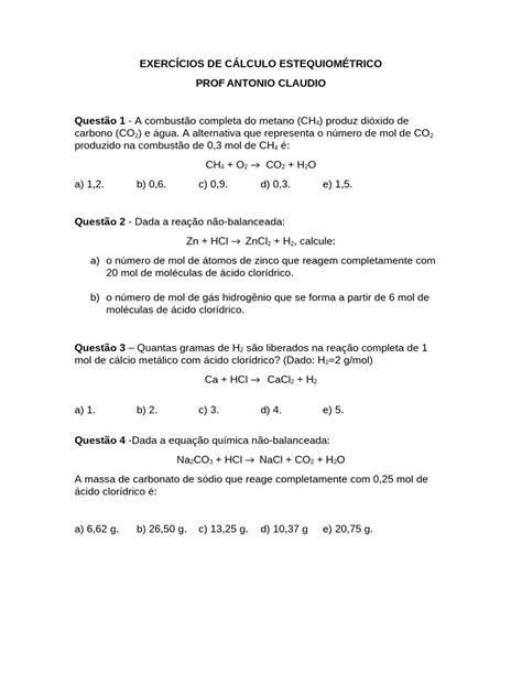 Cálculo Estequiométrico - Exercícios - Exercícios de Cálculo Estequiométrico | PDF | Dióxido de carbono ...
