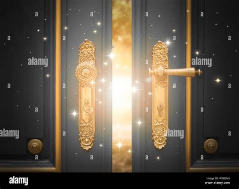 Open Magic Door With Shining Light And Sparkles Stock Photo Alamy