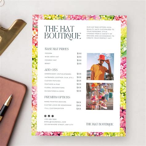 Hat Bar Pricing Template, Customizable Hat Menu, Instagram Hat