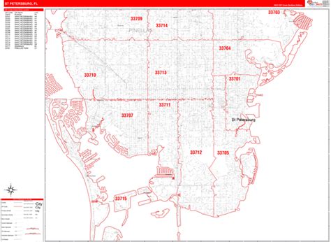 St Petersburg Florida Zip Code Wall Map Red Line Style By Marketmaps