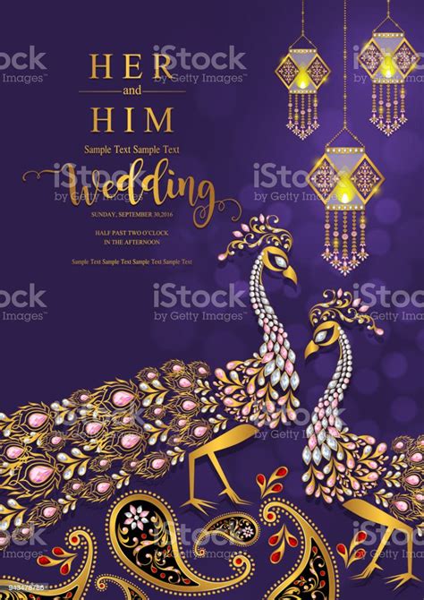 Wedding Invitation Card Templates With Gold Peacock Feathers Patterned