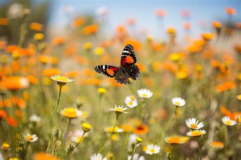 Mariposa Revoloteando Frente A Un Campo De Flores Silvestres Stock De