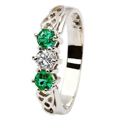 14K Gold Emerald Diamond Three Stone Trinity Knot Ring