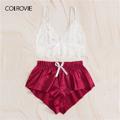 Colrovie Floral Lace Bralette With Satin Shorts Sh Grandado