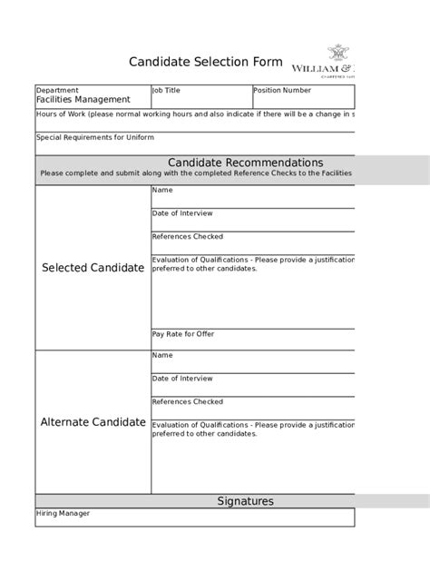 fillable  candidate selection form fax email print pdffiller