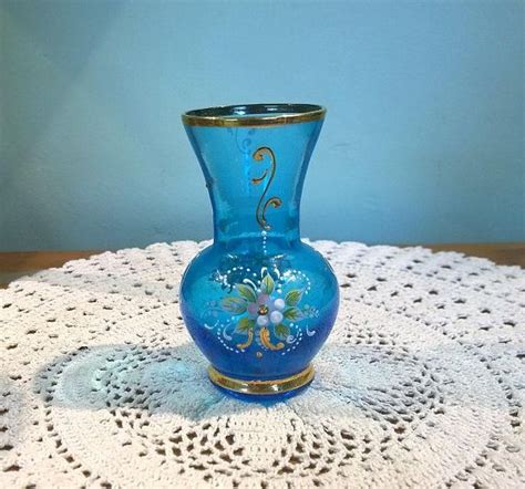 Small Vintage Blue Glass Vase With Painted Flower Decoration Etsy Blue Glass Vase Blue