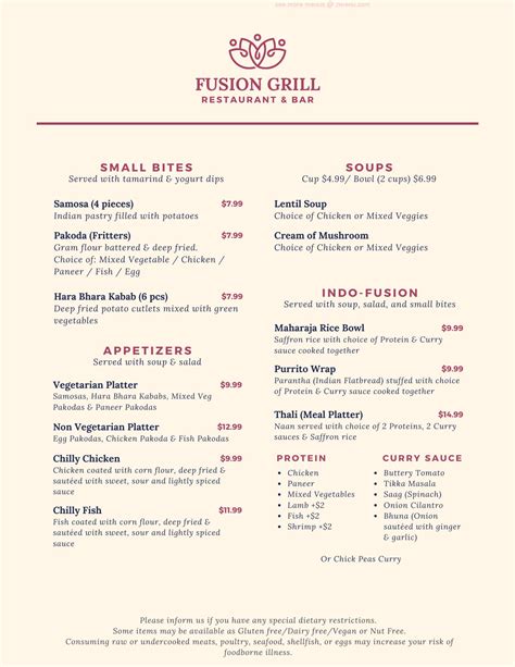 Menu at Fusion Grill restaurant, Patton