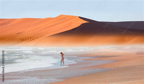 Girl On Tropical Beach Beautiful Woman In Bikini Enjoy A Swim In The Sea Namib Desert With