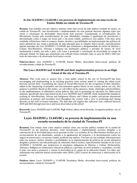 Leis 10.639 03 E 11.645 08 Resumo - Implementação das Leis 10.639/03 e 11.645/08 em Teresina | PDF ...