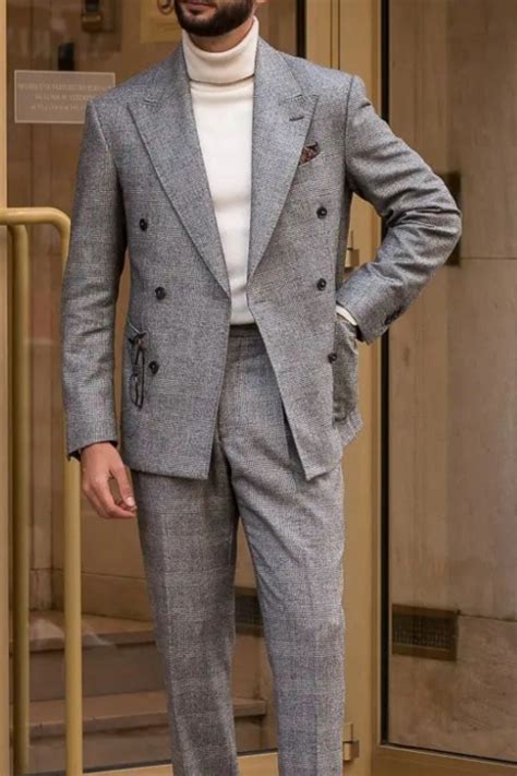 Double Breasted Grey Textured Suit Classy Business Casual Wear