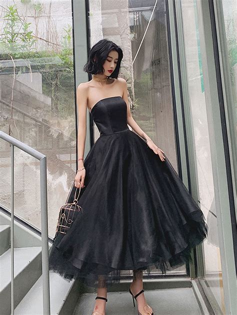 Simple Black Tea Length Prom Dress Black Tulle Homecoming Dress Dresstby