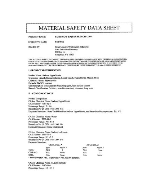 Printable Msds Data Sheets Bleach