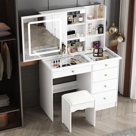 Fufuandgaga White Makeup Vanity Set Dressing Desk With Glass Top Sliding Led Lighted Mirror