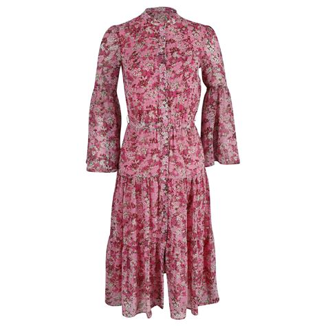 Michael Kors Tiered Floral Print Chiffon Midi Dress In Pink Polyester