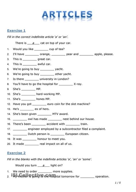 English Articles Grammar Worksheets