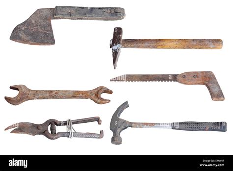 Collection Of Old Rusty Tools Isolated Over White Background Stock