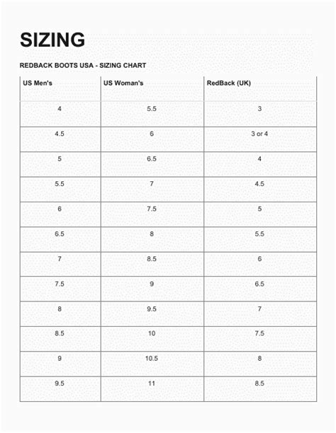 Shoe Size Chart - Redback Boots Download Printable PDF | Templateroller