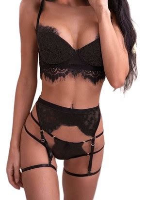 Corafritz Women S Lace Lingerie 3 Piece Set Eyelash Sexy Garter Bra And