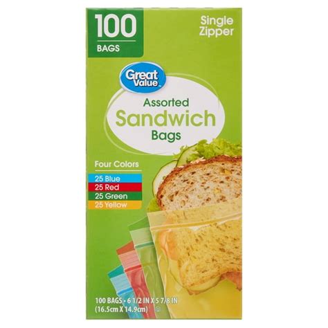 Great Value Fresh Seal Zipper Bags Sandwich Assorted Colors 100 Count