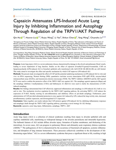 PDF Capsaicin Attenuates LPS Induced Acute Lung Injury By Inhibiting