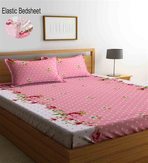 Buy Pink Floral Tc Cotton Blend King Sized Fitted Bed Sheets With