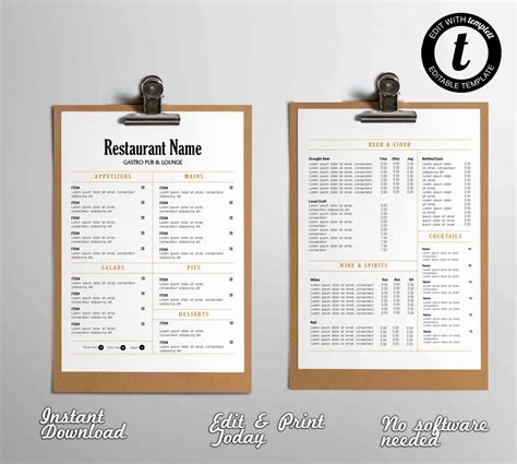 Simple Pub Menu Template Pub Menu Template Editable Restaurant Food