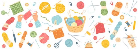 Hand Drawn Set Of Knitting Accessories Vector Illustration Of Yarn