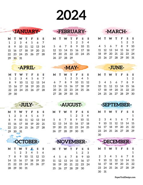 2024 Monday Start Calendar One Page Paper Trail Design