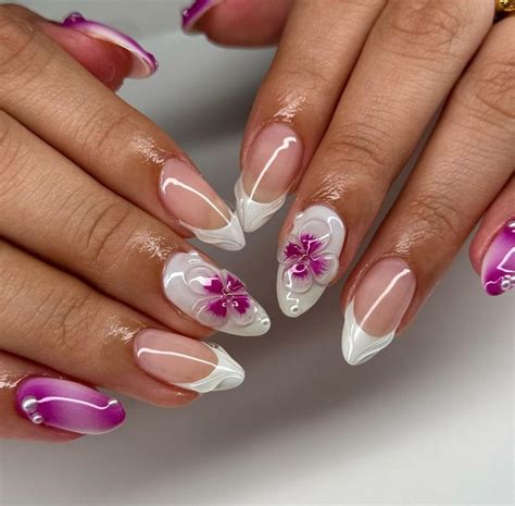 3d Pink Flora French Nails Silver White Hand Painted Nail Custom