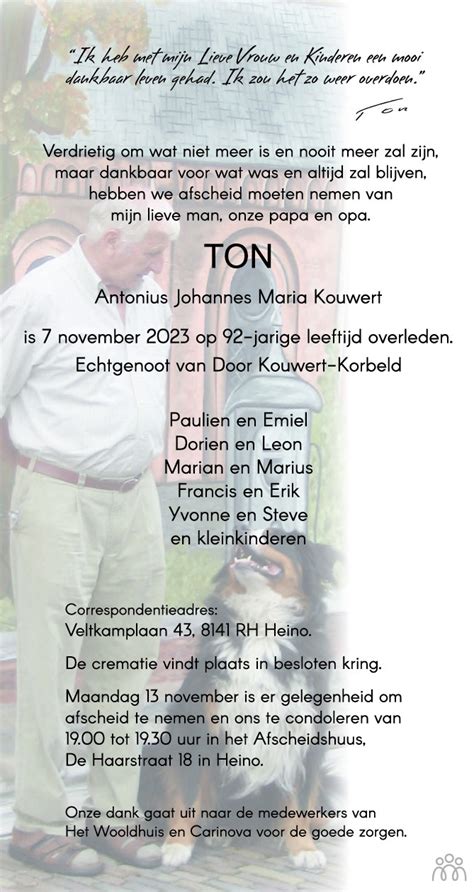 Ton Antonius Johannes Maria Kouwert 07 11 2023 Overlijdensbericht En