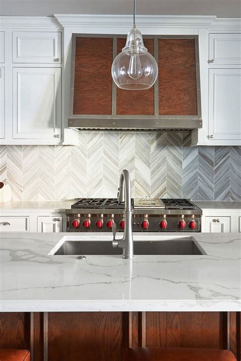 Casual Transitional Kitchen With Wooden And Chevron Backsplash