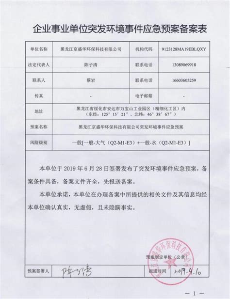 企业事业单位突发环境事件应急预案备案表信息公示黑龙江京盛华环保科技有限公司