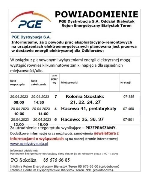 Informacja O Planowanych Przerwach W Dostawie Energii Elektrycznej W Dn