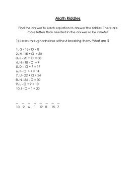 Algebra Math Riddles Addition and Subtraction by Karen's Creations