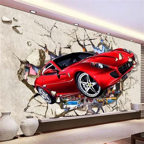 Custom Mural Wallpaper 3d Red Car Broken Wall Photo Wallpaper Cartoon