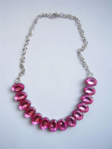 Pink Fushia Large Rhinestone Silver Chain Necklace Etsy Silver