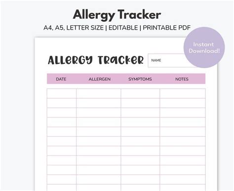 Food Allergy Printable Tracker Planner Blank Allergen Management Template And Notes A4 A5